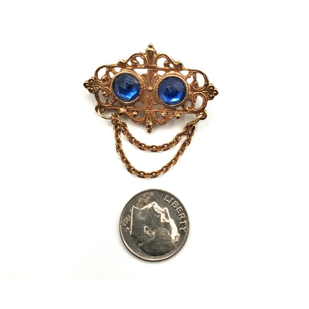 Vintage Filigree Blue Stone with Drop Chains Brooch Pin - Picture 2 of 5
